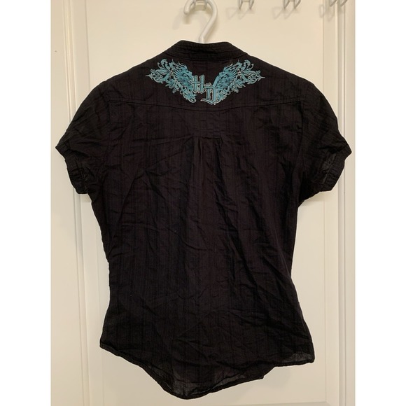 Harley-Davidson Tops - Harley Davidson Embroidered Angel Wings Pinstripe Shirt Short Sleeve Black Small